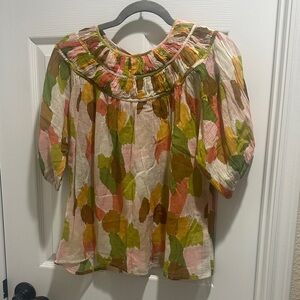 THML Multicolor Floral Puff Sleeve Blouse - Pink, Green & Brown